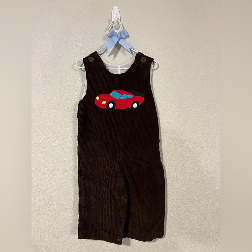 Corduroy car appliqué overalls by Kelly’s Kids